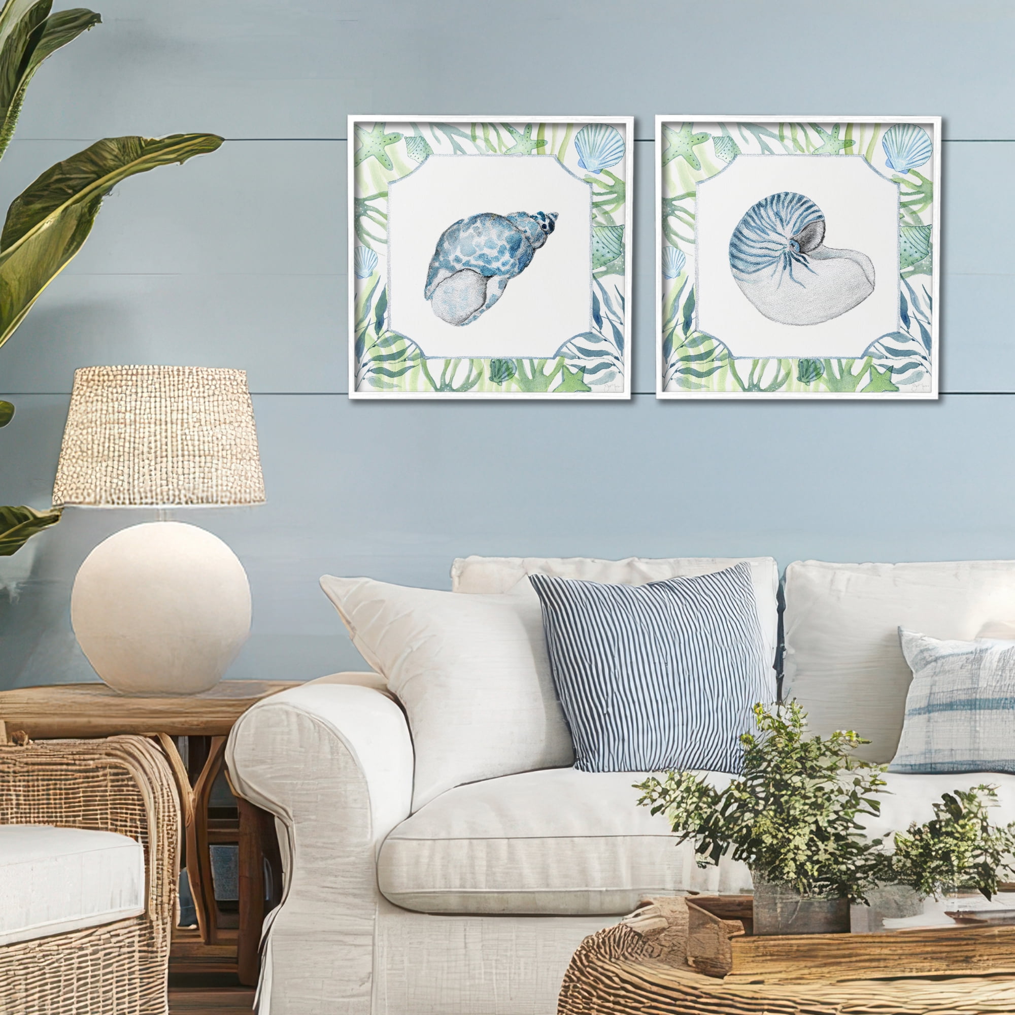 Stupell Industries Seaweed Bordered Seashells 2 Piece White Framed Giclee Art Set, design by Janet Tava