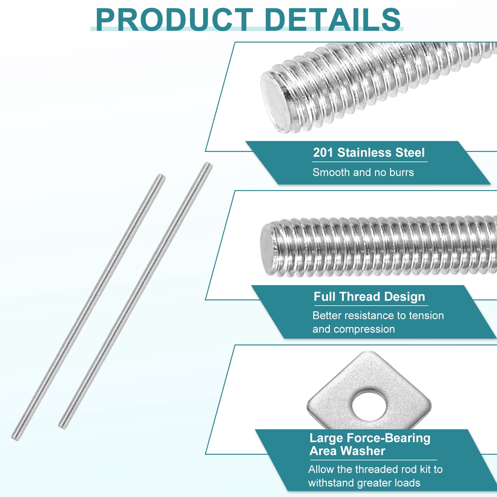 2Pcs Fully Threaded Rod, M10 x 350mm 201 Stainless Steel with Nuts Washers
