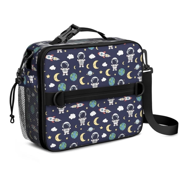 Astronaut and Moon Blue Pattern Insulated Lunch Bag with Shoulder Strap and Bottle Holder,Bento School Lunch Bag Box,11x9.5x3.5 Inches