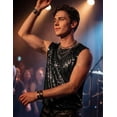 thumbnail image 2 of Men's Sequin Tank Top Sparkly Glitter Sleeveless Shirt Crew Neck Shiny Metallic Vest for Music Festival, Disco Party, Stage Performance Black 2XL, 2 of 7