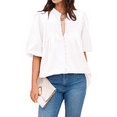 thumbnail image 3 of Women'S 2025 Summer Short Lantern Sleeve Tops Loose Fit Button Down Shirt Casual Pleated V Neck Blouses White S, 3 of 8