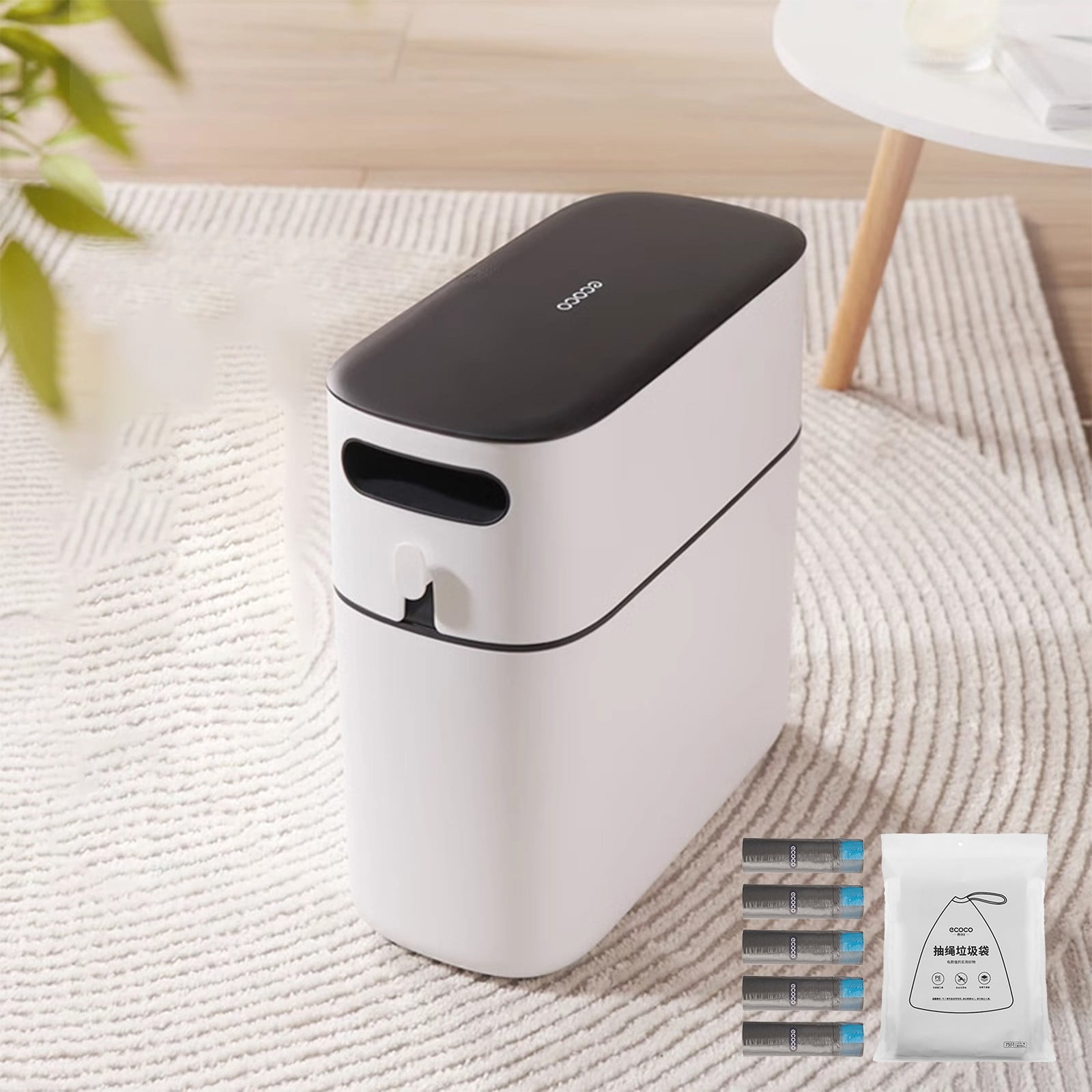 Bathroom Trash Can 8L, Black Semi Automatic with 1 Roll Garbage Bag, Non Contact Large Capacity Thickened Wastebasket for Living Room