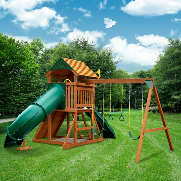 Gorilla Playsets Avalon Wood Swing Set with Wood Roof and Twister