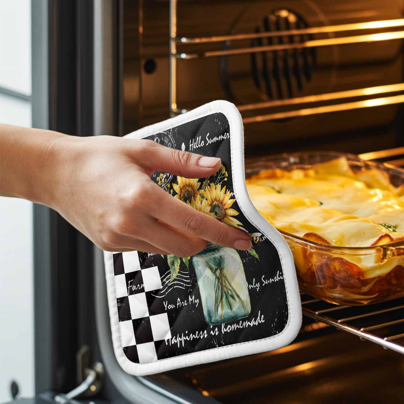 Sunflower Pot Holders for Kitchen Heatproof Potholder, 5 Pack Black White Check Farmhouse Bee Vase Floral Hot Pads Multipurpose Oven Pads Cloth Potholders Trivet for Cooking Baking