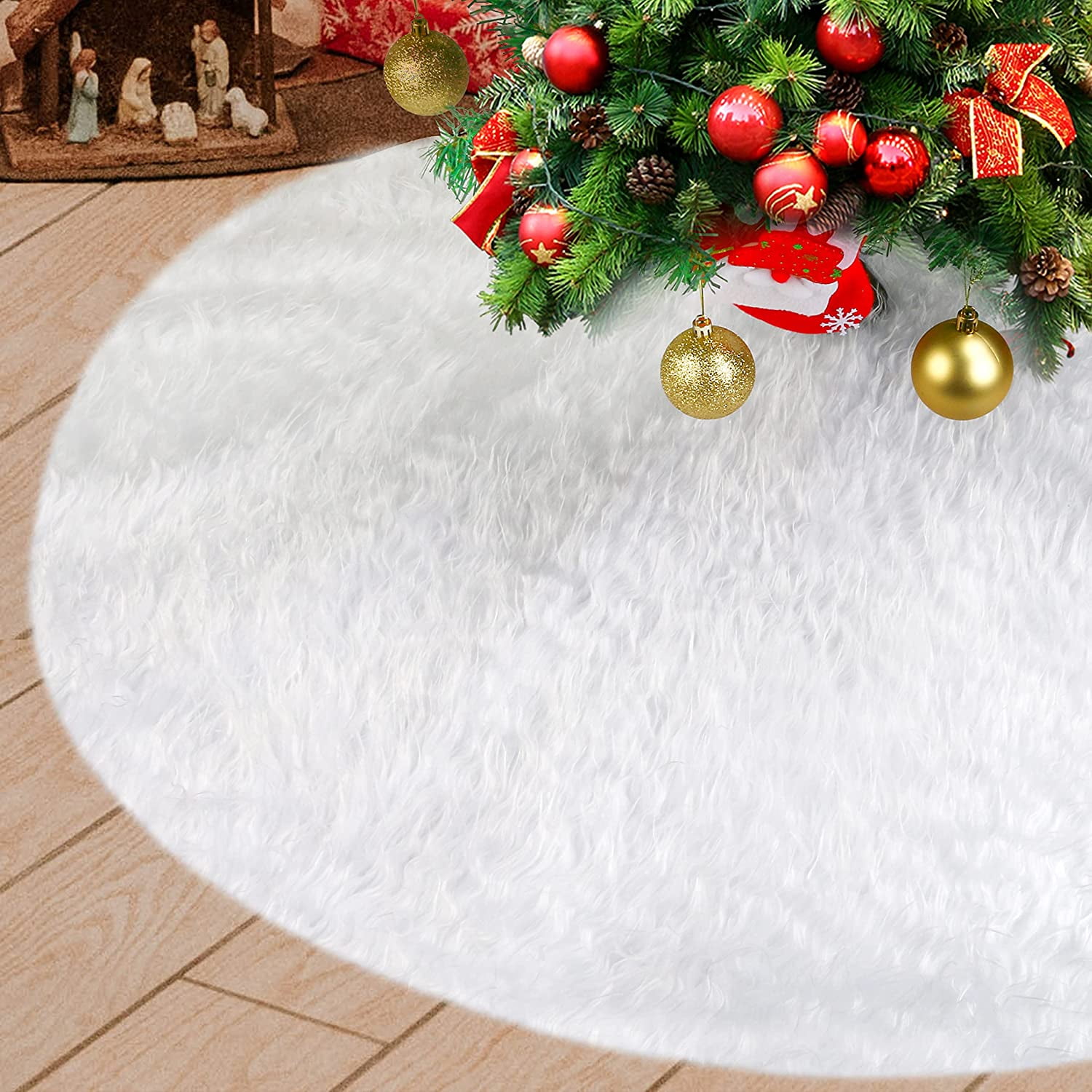 Snowy White Christmas Tree Skirt, 48 inch Large Faux Fur Xmas Plush