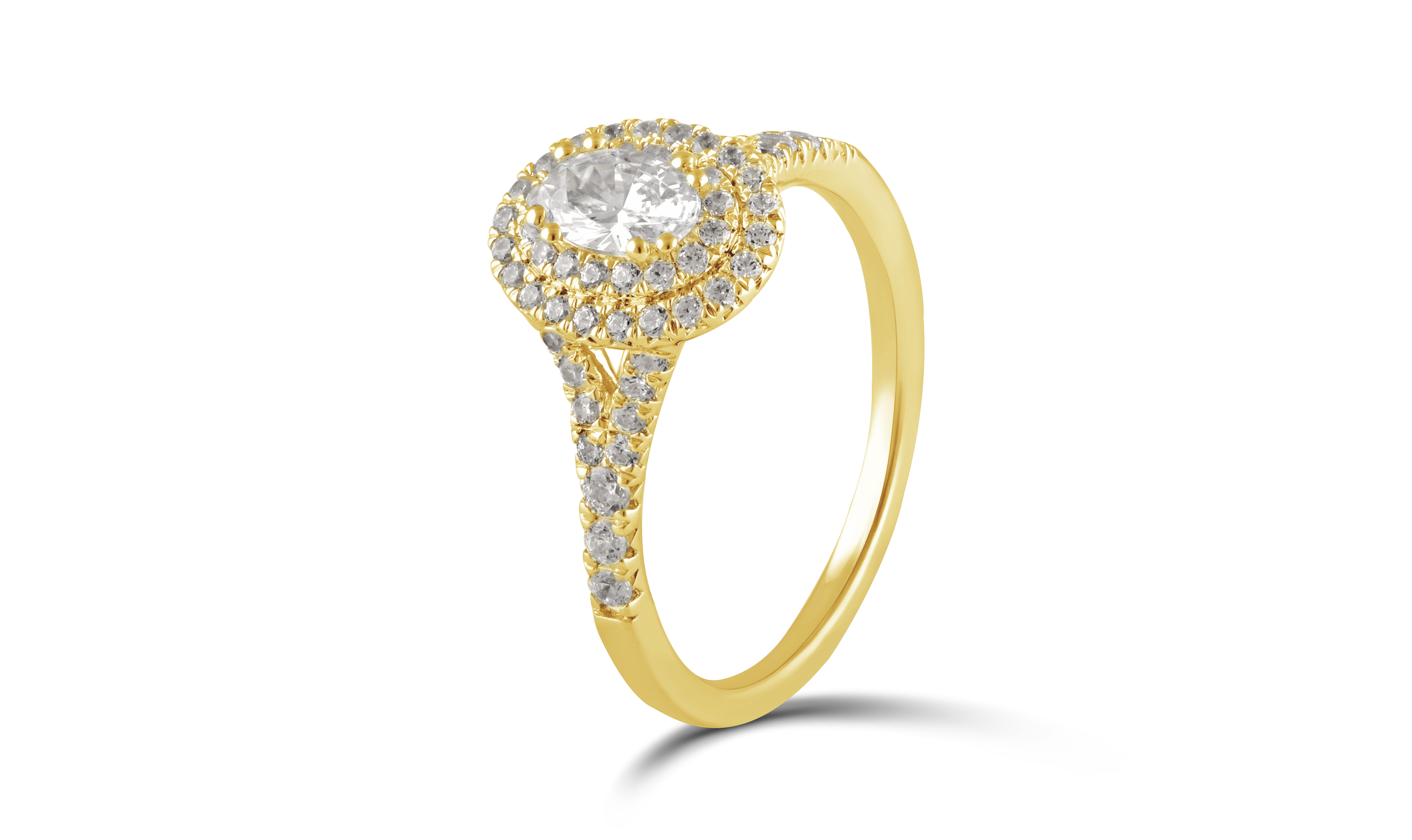 Arista 1 ct Oval Swarovski Diamonds Double Halo Engagement Ring in Yellow Plated Sterling Silver