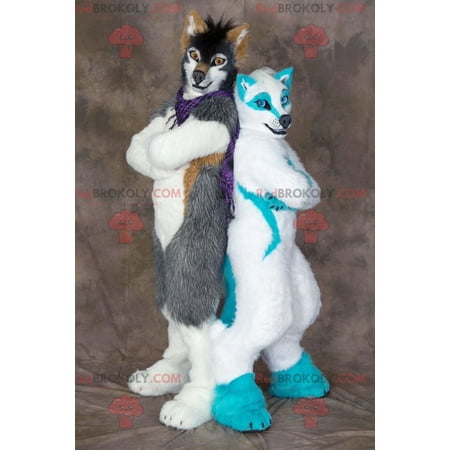 2 colorful wolf dog mascots