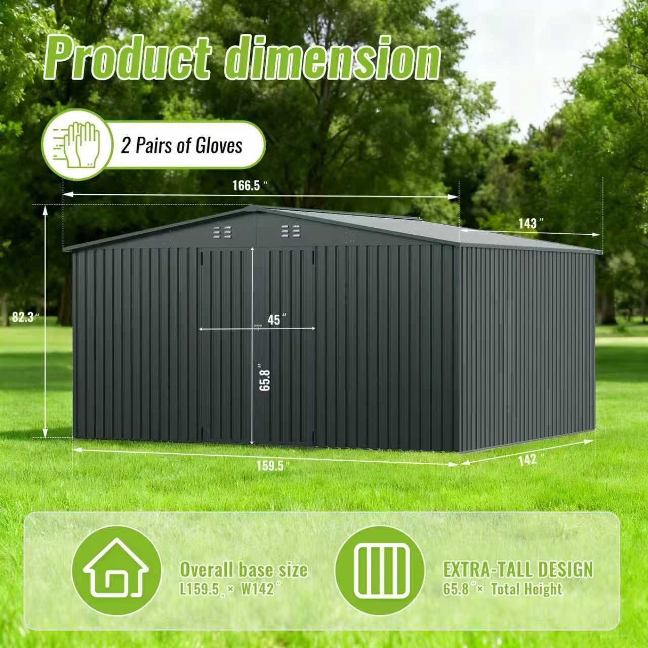 PABIMIA 14 FT x 12 FT Heavy-Duty Steel Outdoor Storage Shed, Garden Tool Shed with Lockable Doors, Black Roof