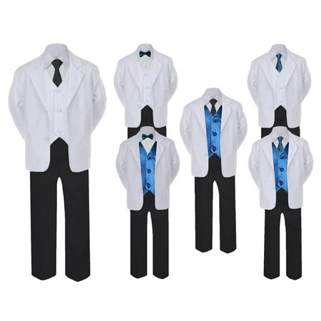

5-7pc Formal Black White Suit Set Teal Bow Long Tie Vest Boy Baby Sm-20 Teen