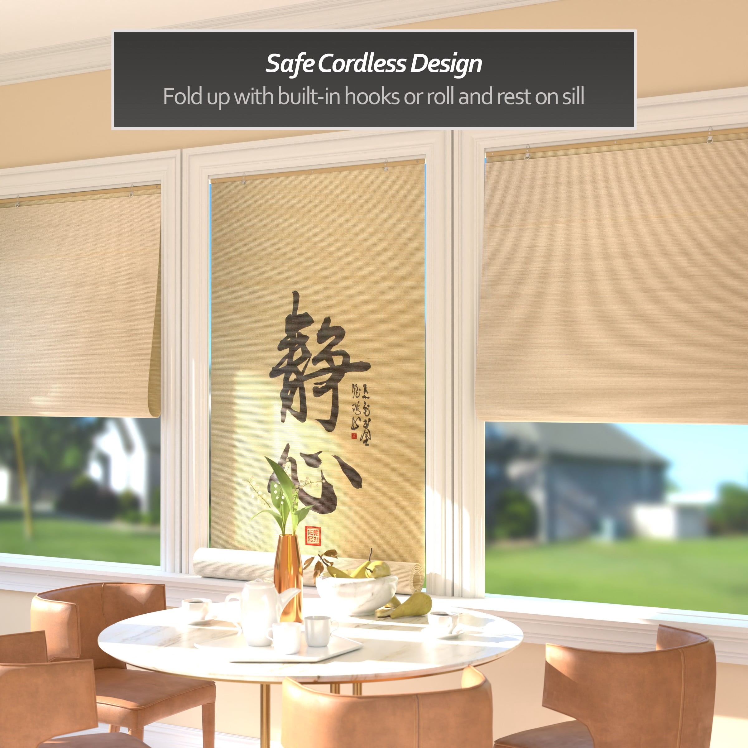 Red Lantern Bamboo Window Shade Blind - Calligraphy 36" W