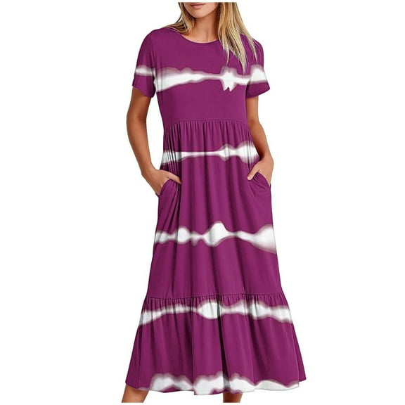Penkiiy Women's Summer Striped Print Casual Short Sleeve Crewneck Basic Swing T Shirt Dress Flowy Beach Vacation Sundress L Purple