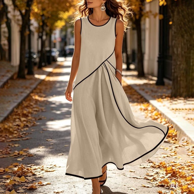 cotton tank dresses for summer Linen Women Pleated Crewneck Sleeveless Casual Mini Dress Beach Vacation Sundress(Army Green,Small) at Amazon Women's Clothing store no need for spandex zbxnLI Women's Sleeveless Maxi Tank