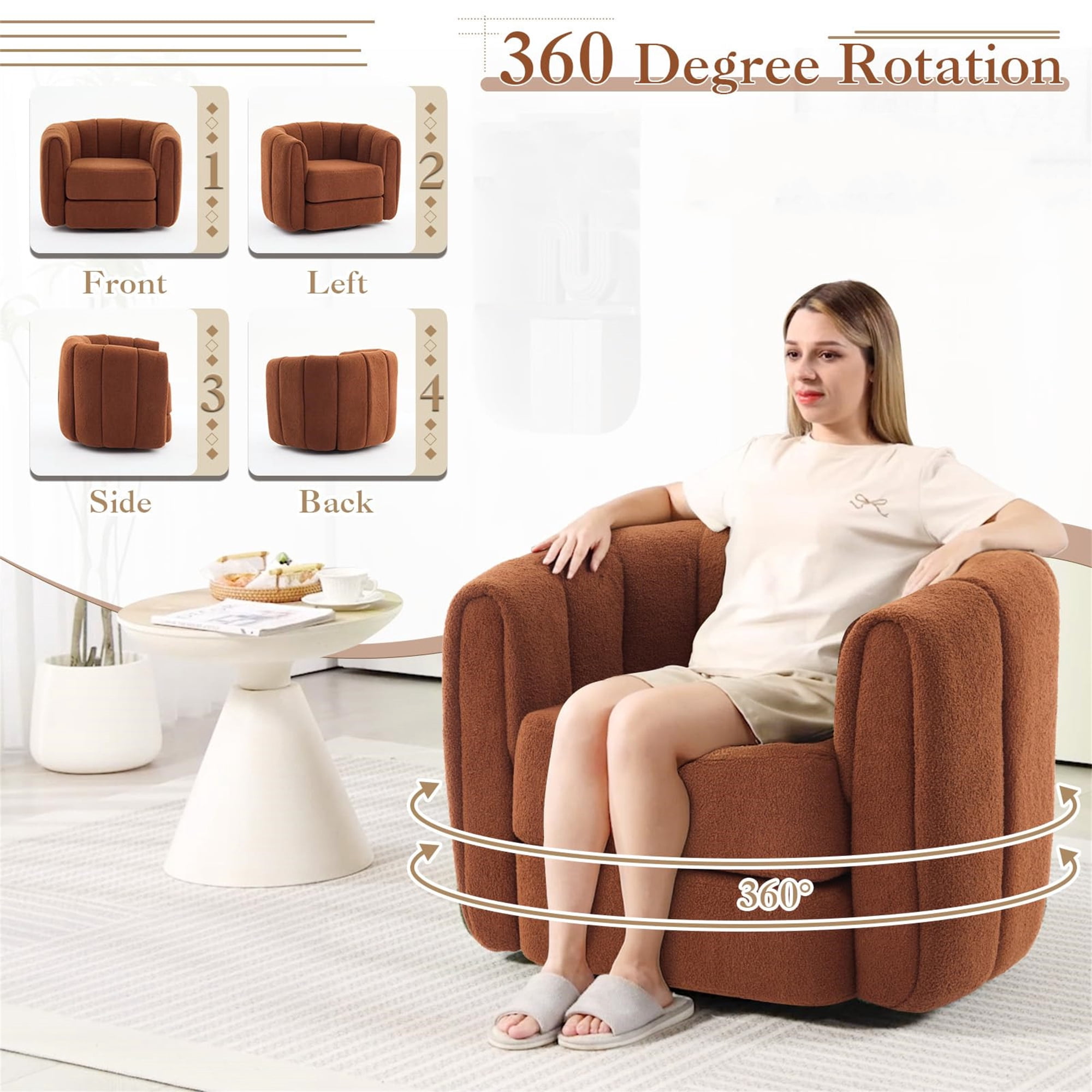 Aukfa 37" Swivel Accent Chair Pumpkin Armchair for Living Room, Bedroom, Teddy Fabric, Brown