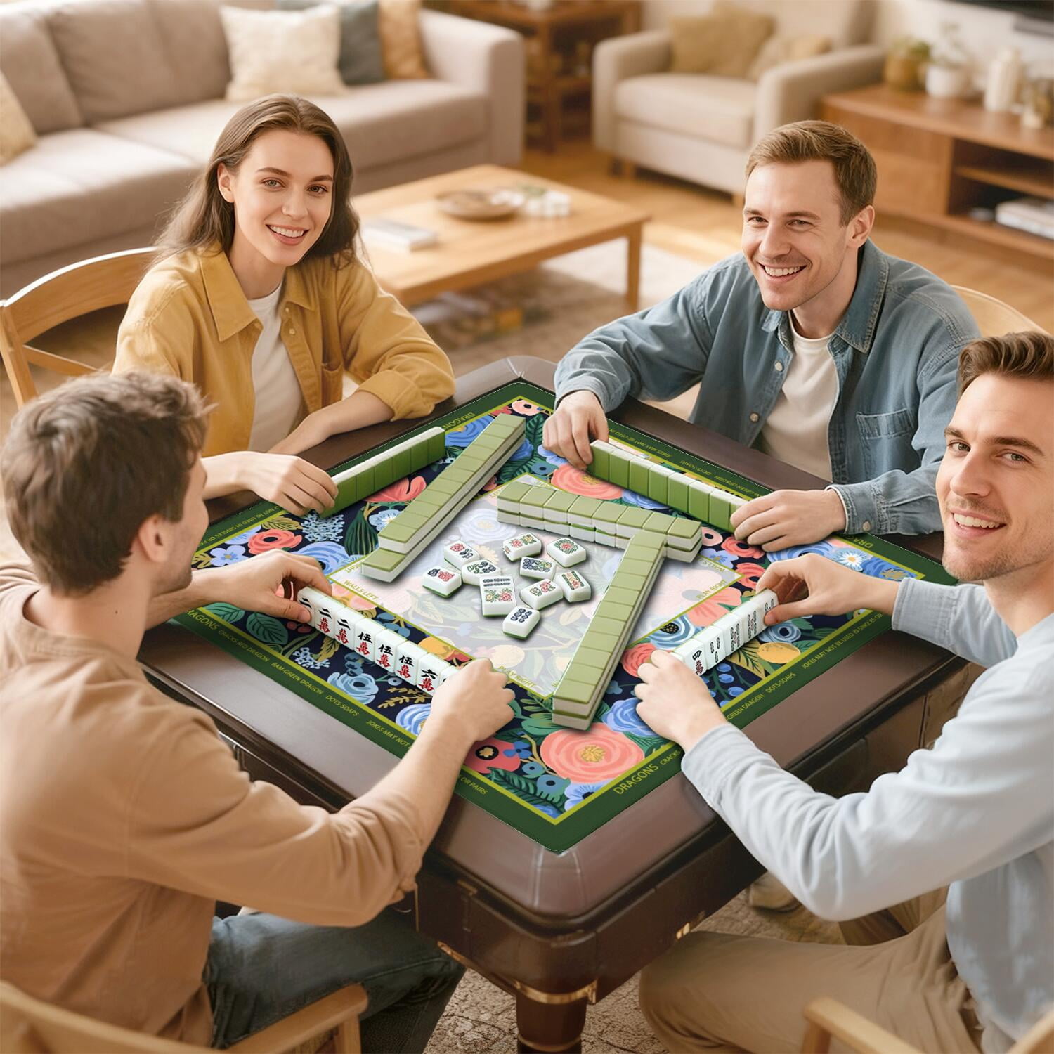 Green Mahjong Mat with Rules, 31.5*31.5in Anti Slip American Mahjong Mat for Table, Noise Reduction, Neoprene Mah jongg Mats with Carrying Bag & 3 Dices, Mahjong Set Gift, Board Tile Games Mats