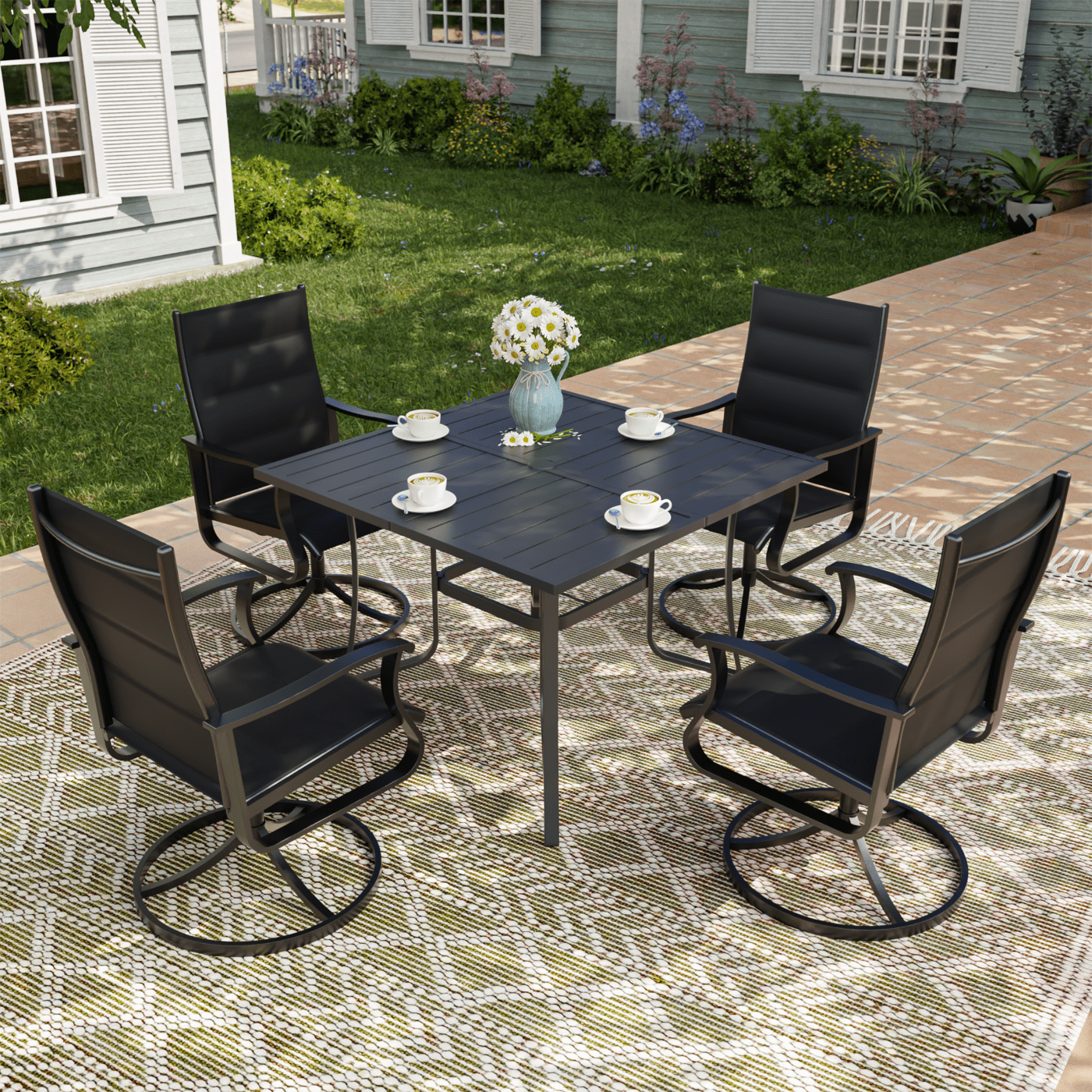 UDPATIO Low Back Swivel Patio Chairs Set of 4, Padded Outdoor Textilene Dining Chairs, All Weather Metal Outside Chair for Lawn Garden Deck, Black