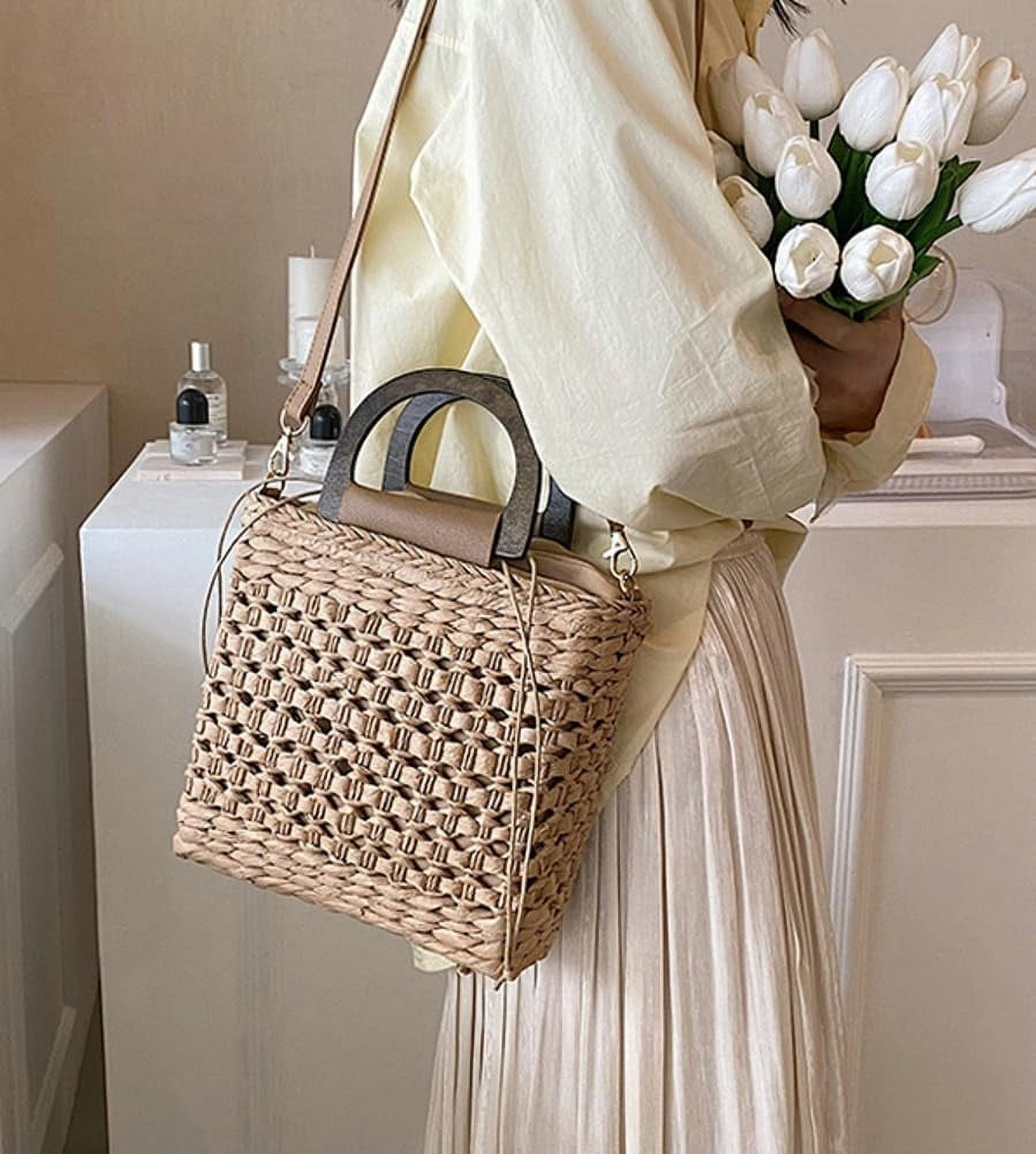 Municipal Women Straw Handbag Beach Bag Woven Rattan Crossbody Bags Handmade Leather Straps Satchel Clutch Purse Summer Vacation