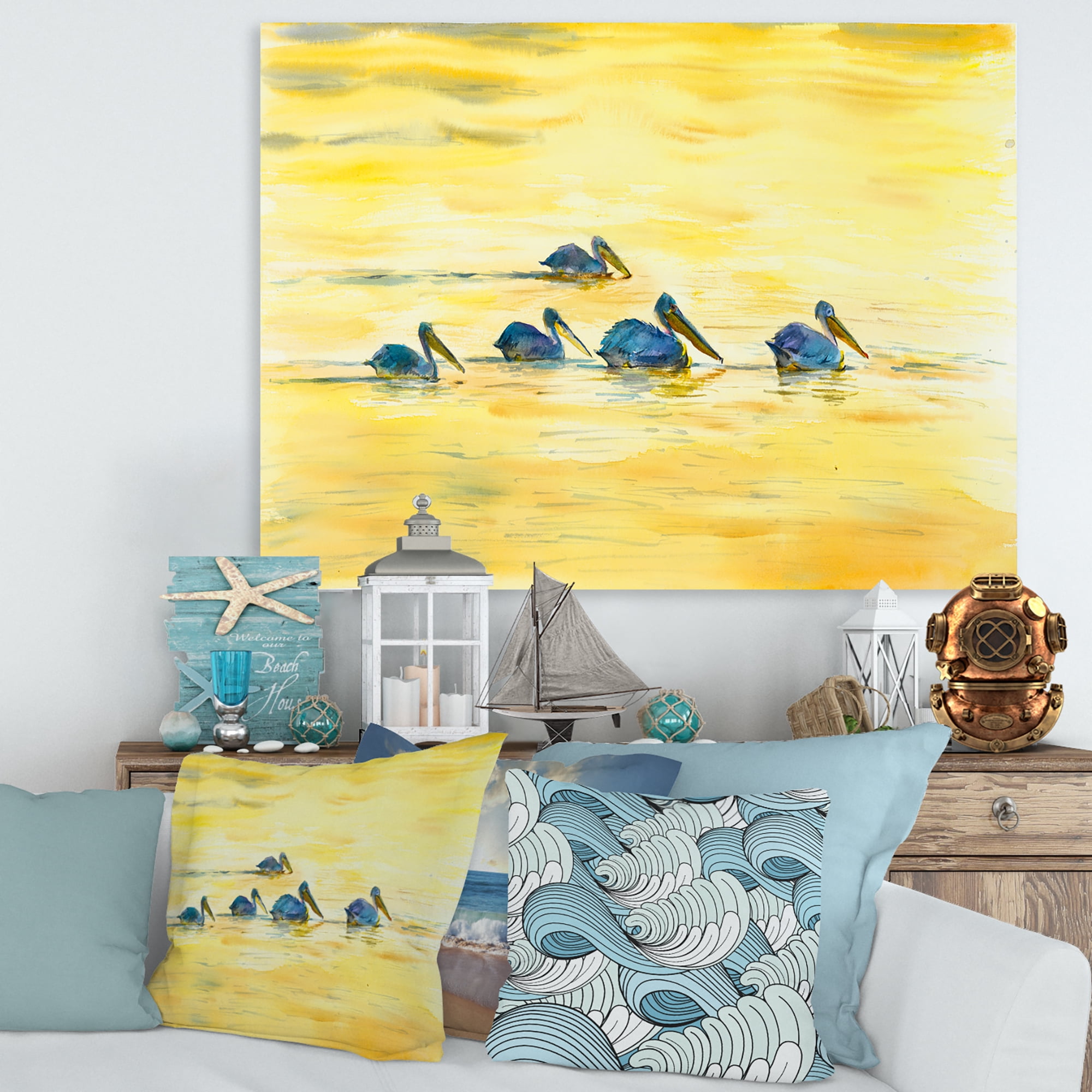 Designart ' Pelicans Birds On The Yellow River ' Farmhouse Canvas Wall Art Print