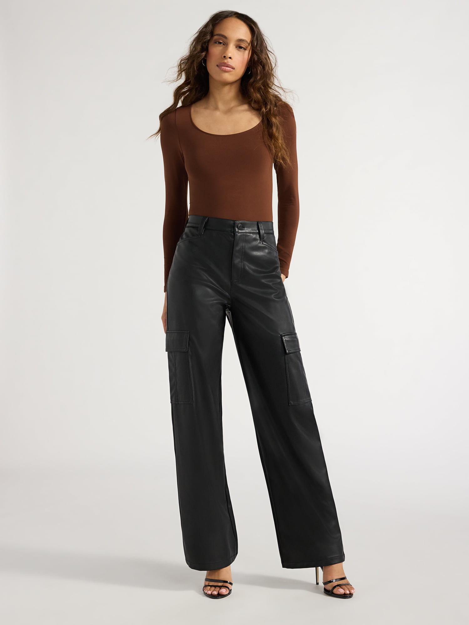 Sofia Jeans Women's Faux Leather Relaxed Straight Cargo Pants, Sizes 0-22