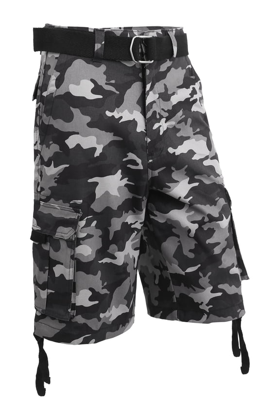 Mens Twill Cargo Shorts with Belt Loose Fit Multi Pocket Cotton Camouflage Outdoor Utility Wear