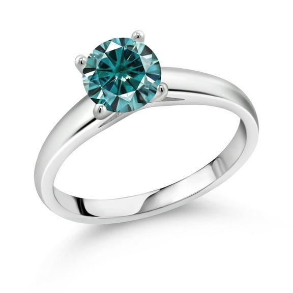 Gem Stone King 10K White Gold Solitaire Ring Blue Round Moissanite 1.00cttw (Size 9)
