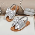 thumbnail image 2 of Girls Sandals Open Toe Bowtie Ankle Strap Flat Beach Shoes Summer Vacation Casual Slip on Flower Girl Dress Shoes Silver 4 Big Kid, 2 of 6