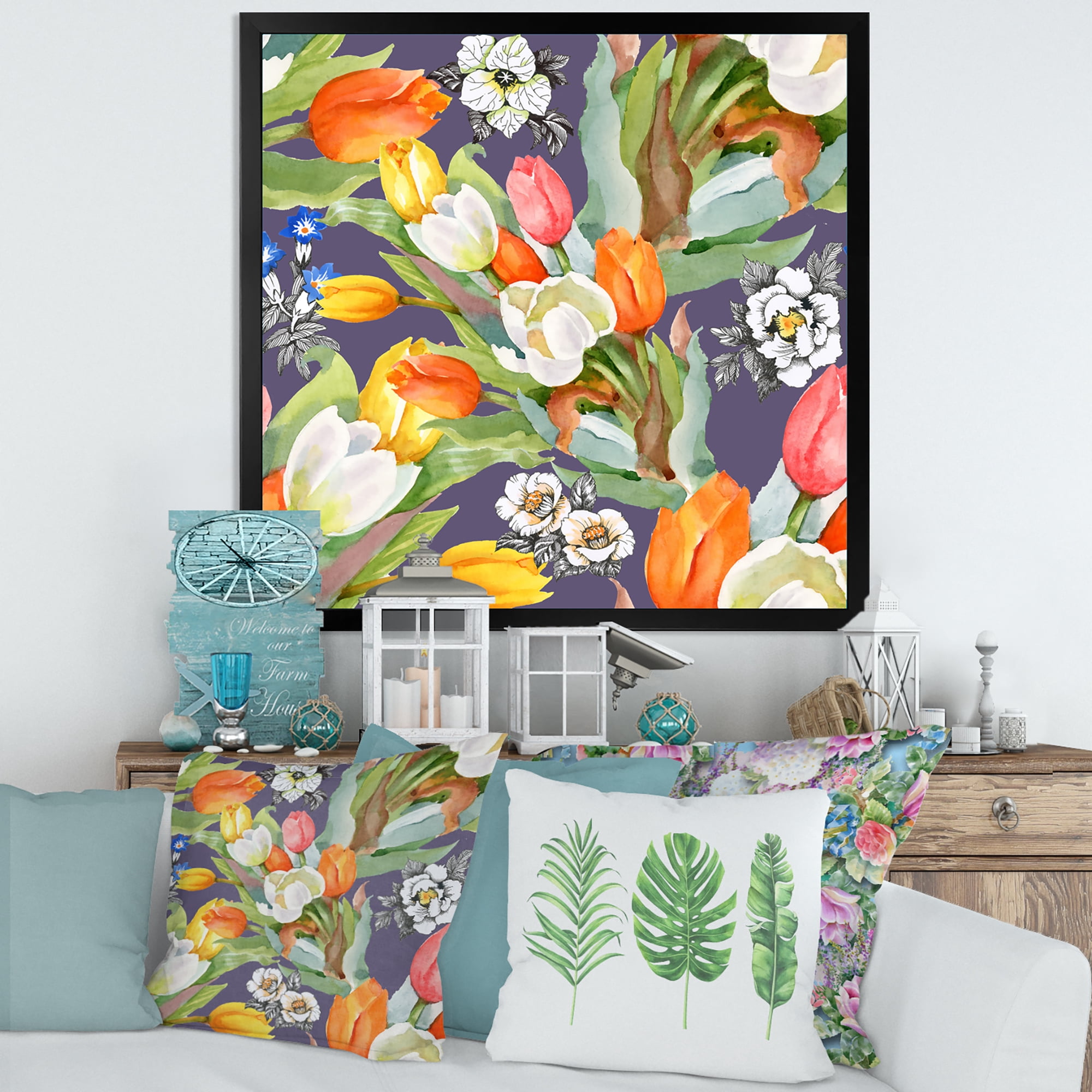 Designart 'Blooming Orange and White Tulips III' Traditional Framed Art Print