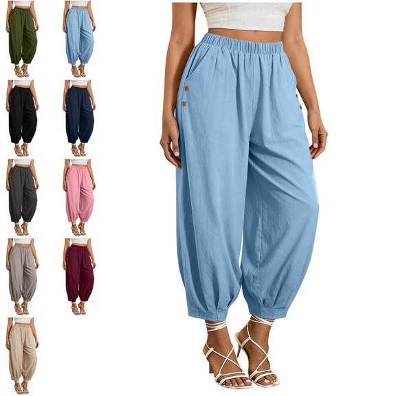 MLCDZ Womens Cotton Linen Barrel Harem Pants Baggy Lightweight Elastic Waist Wide Leg Pants with Pockets Boho Summer Casual Loose Beach Vacation Trousers