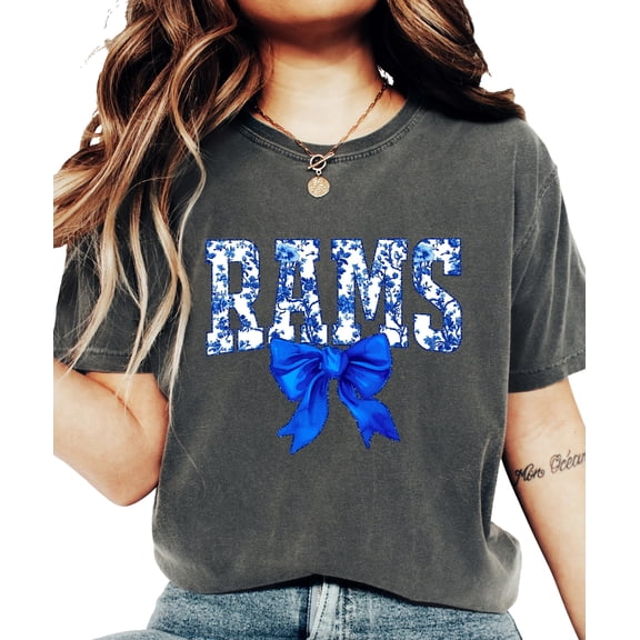 Rams Blue Floral Bow Shirt for Women & Teens Trendy Team Spirit Sports Fan Graphic Tee Pepper Shirt Adult X-Large