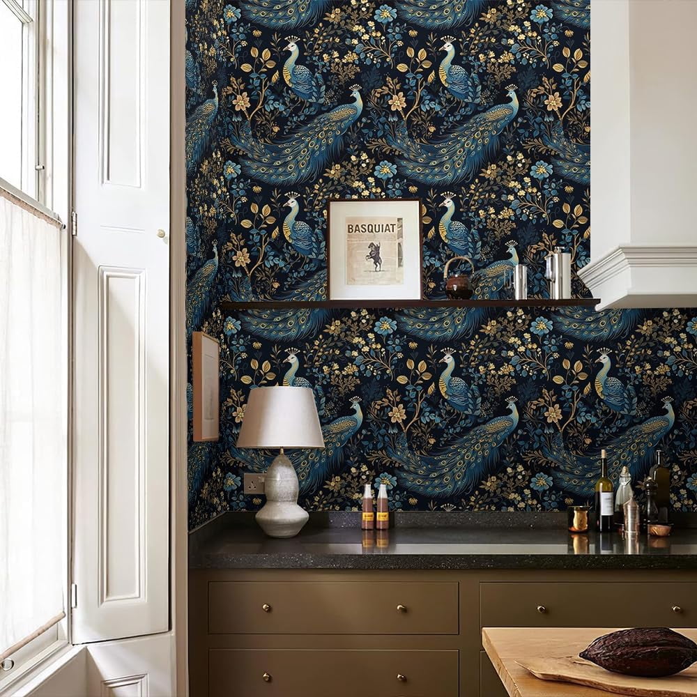 Gold/Yellow/Blue Peacock Animal Plants Dark Black Peel and Stick Wallpaper Stick on Contact Paper Vintage Wall Paper Easy Peel Off for nightstand Drawer Cabinet Renter