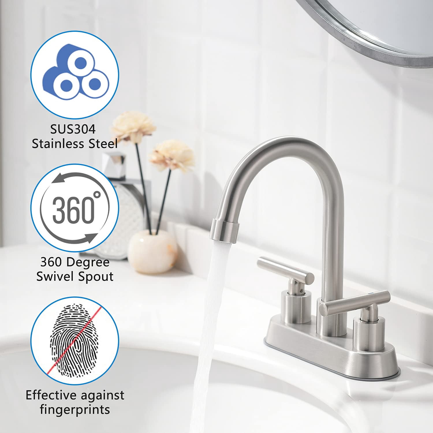 Mikhai Bathroom Faucets 3 Hole,  4 inch Bathroom Faucet 3 Hole Matte White with Pop-up Drain and 2 Supply Hoses, Stainless Steel Lead-Free 2-Handle Center set Faucet for Sink Vanity
