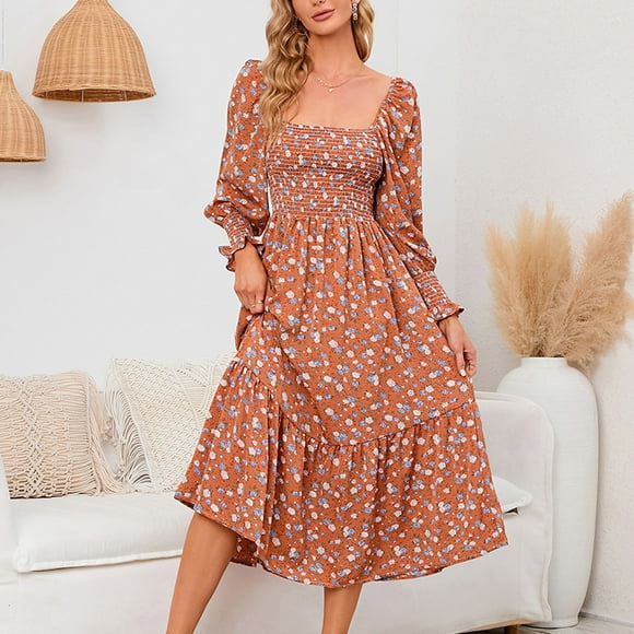 Hinvhai Womens Square Neck Floral Maxi Dress Clearance Puffy Sleeve Flowy Maternity A Line Wrap Dress Baby Shower Maternity Dress Orange 10(XL)