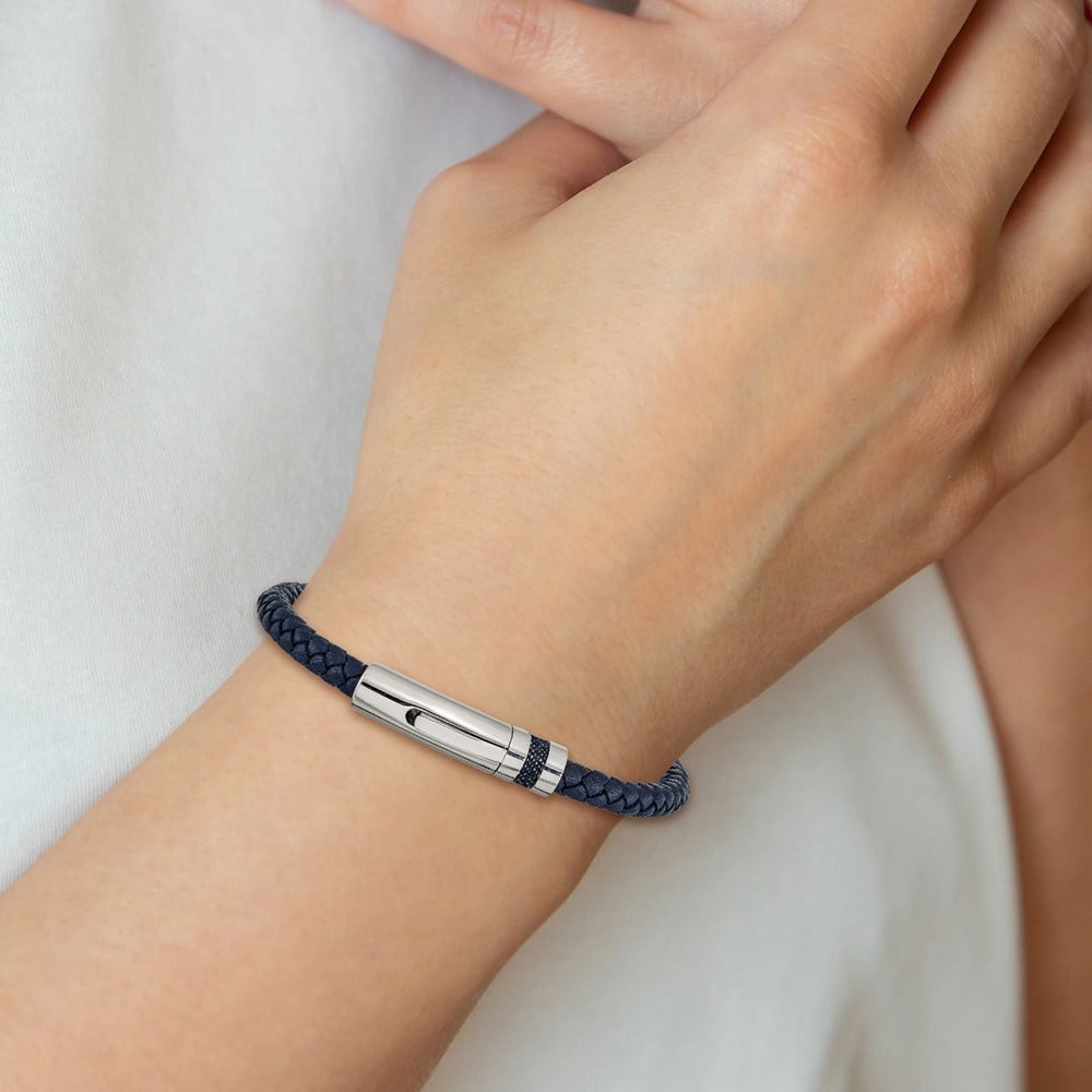 Diamond2Deal Stainless Steel Polished Blue Braided Leather Bracelet for Men 8.25"