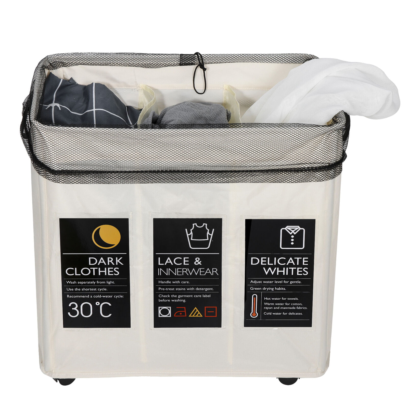 Large 3 Section Laundry Washing Clothes Bag Hamper Sorter Folding Wash Basket 