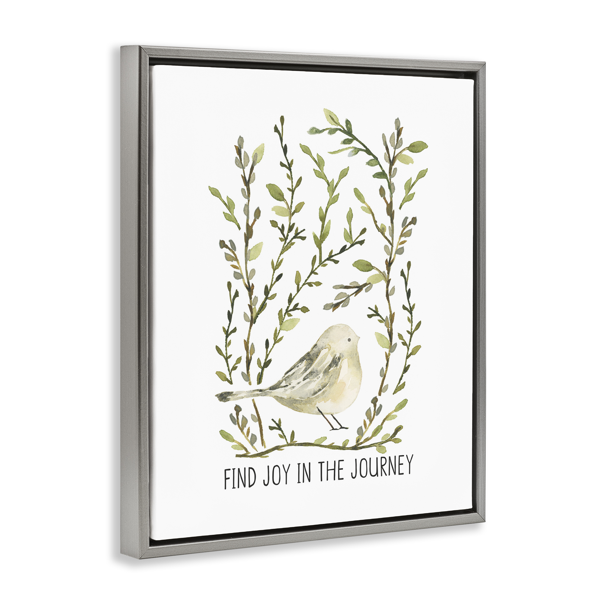 Stupell Industries Find Joy with Bird Botanical & Floral Painting Gray Floater Framed Art Print Wall Art, 25 x 31