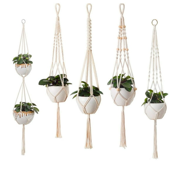 Juego de 5 cestas colgantes de macramé, cuerda de algodón decorativa bohemia, cesta colgante, maceta, soporte para plantas, colgador para techos interiores y exteriores, balcones, decoración de