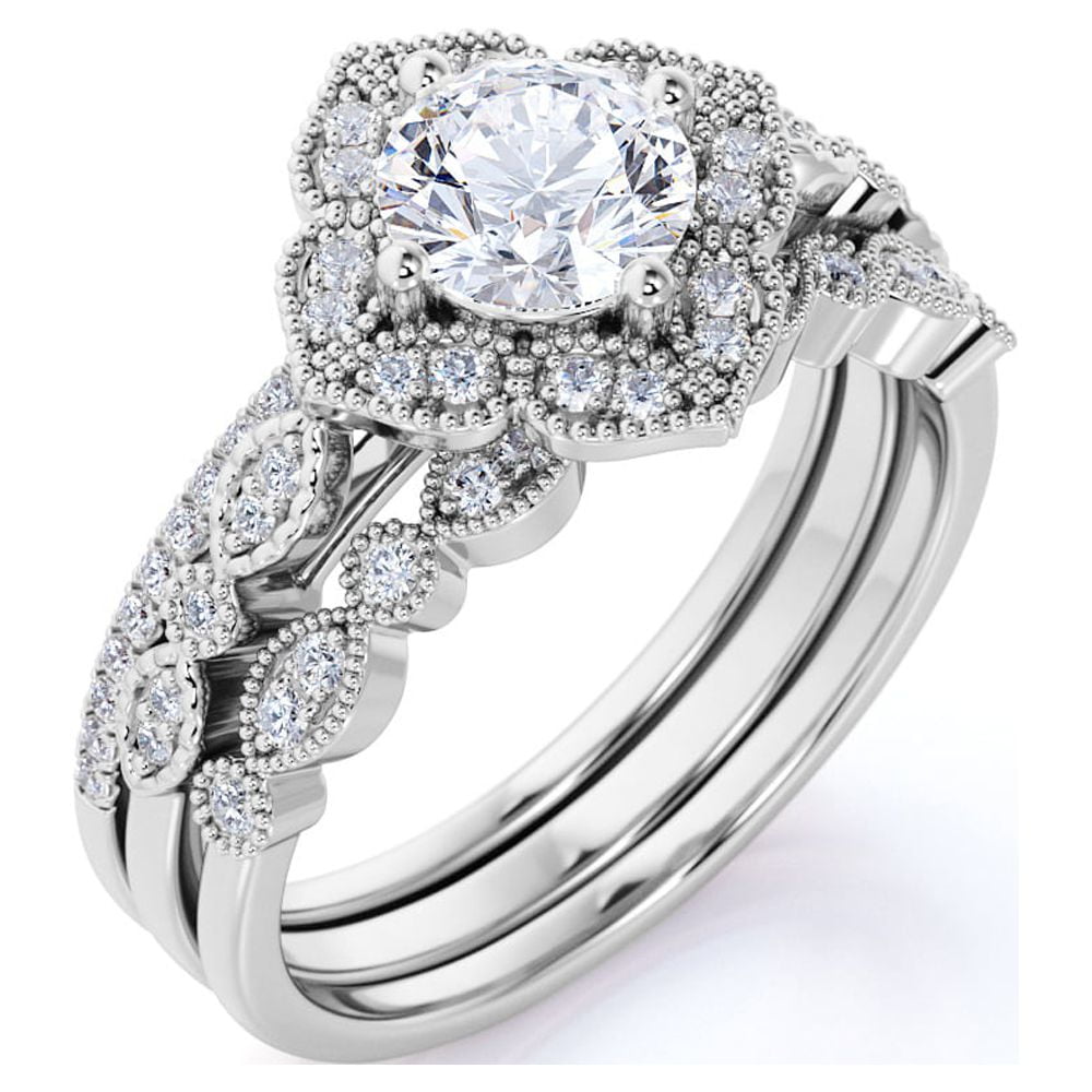 JeenMata Unique 1.75 Carat Real Moissanite Wedding Trio Ring Set with Engagement Ring and 2 Wedding Bands in 18k Gold Plating For Women