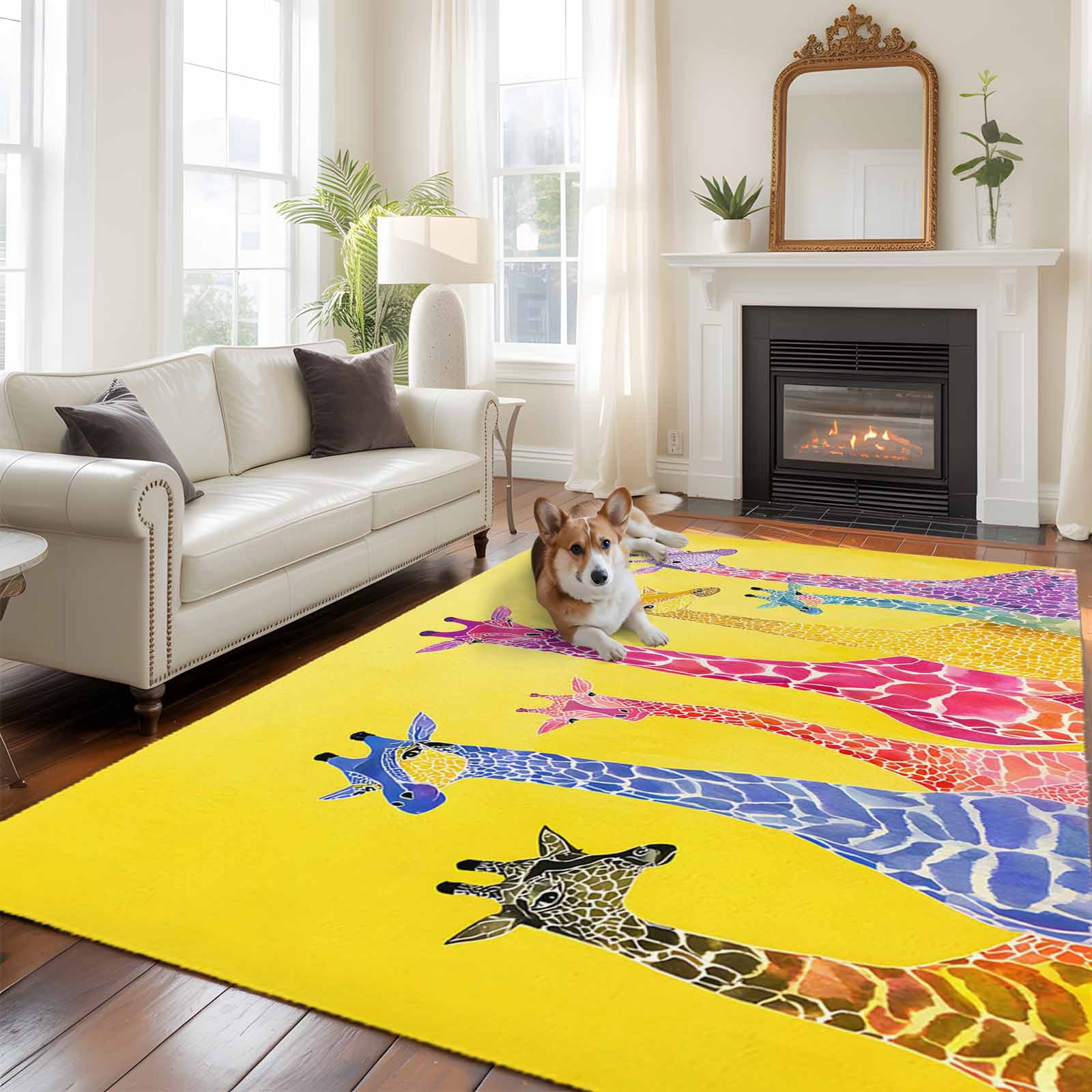 8x10 Area Rugs for Living Room, Colorful Giraffe Non Slip Area Rugs for Kitchen Bedroom Entryway, Watercolor Cute Cartoon Yellow Washable Carpet Runner Rug Floor Mats for Bedroom Home Decor