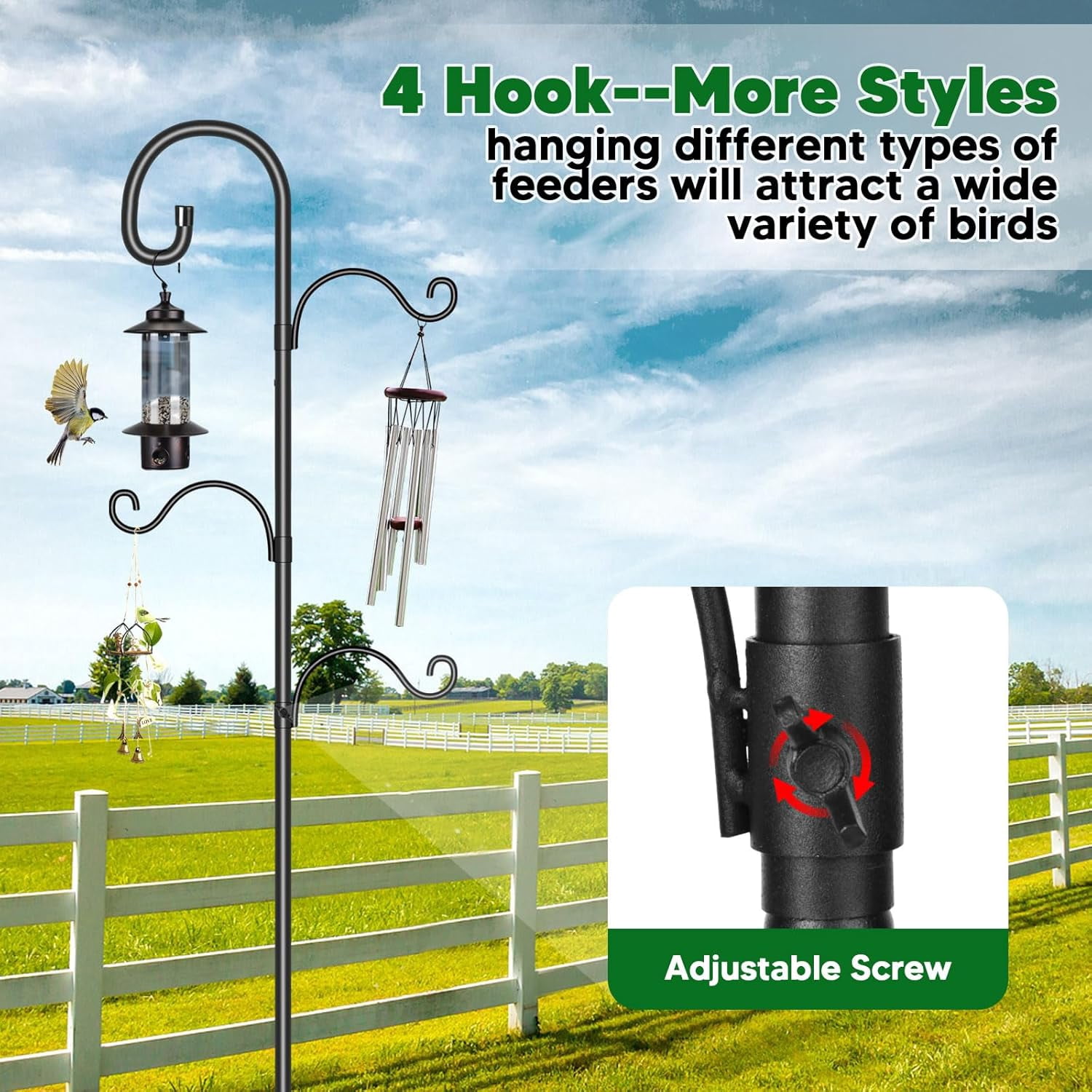 KOLAKO Bird Feeding Station,195cm Adjustable Bird House Poles, Heavy Duty Feeder Stand, Garden Shepherds Hooks Crook for Outdoors Hanging Lights Basket Hanger,76 inch, Black