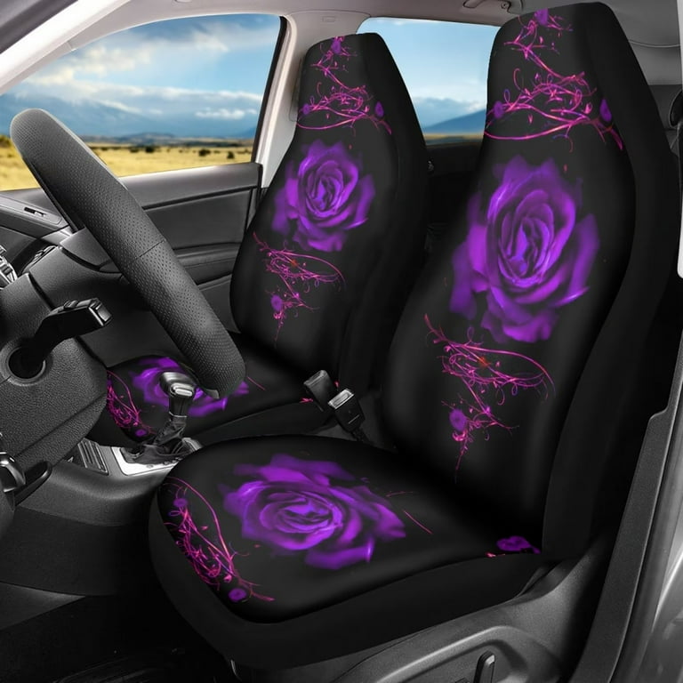 FKELYI Purple Rose Floral Front Car Seat Covers Decor Set of  2,Dustproof+Waterproof Front Saddle Blanket Cushion Backrest  Peotectors,Universal Fit for Almost Vehicle Cars,Women Men 