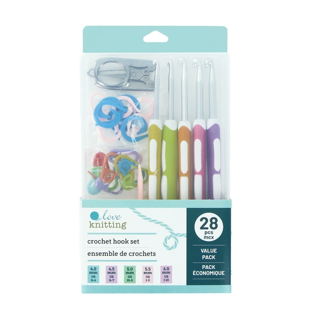 Ensemble de crochets LOVE KNITTING — 28 pièces, 4–6 mm, ergonomiques en aluminium