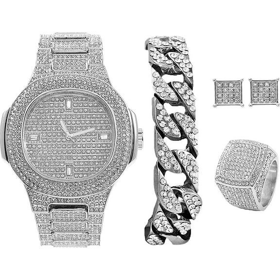 Charles Raymond Fully Iced out Mens Big Rocks Bezel Color Dial Wristwatch, Cuban Chain Bracelet, Cuban Necklace, Tennis Chain & Ring - ST10327CRNT, 8967, Silver, Ring Size-12