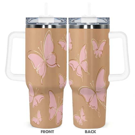 40oz Pink Butterfly Insulated Travel Tumbler with Handle and Straw Car Cup Coffee Mug Gift for Women