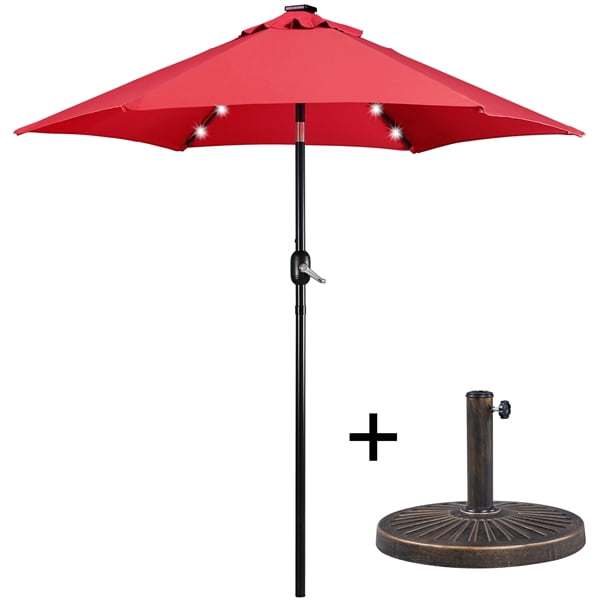 Alden Design 7.5FT LED Patio Umbrella with 6 Ribs & 18 LED Solar Lights + Patio Umbrella Base,Red