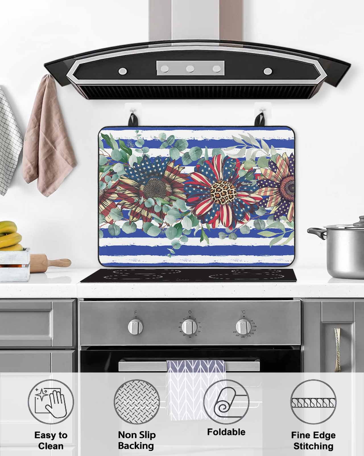 nqOlkjepod Large Induction Cooktop Protector Mat 36"x21", 4th of July Stove Top Covers for Electric Stove, Independence Day Star Botanical Blue Striped Stove Burner Cover Mats, Glass Top Stove Cover