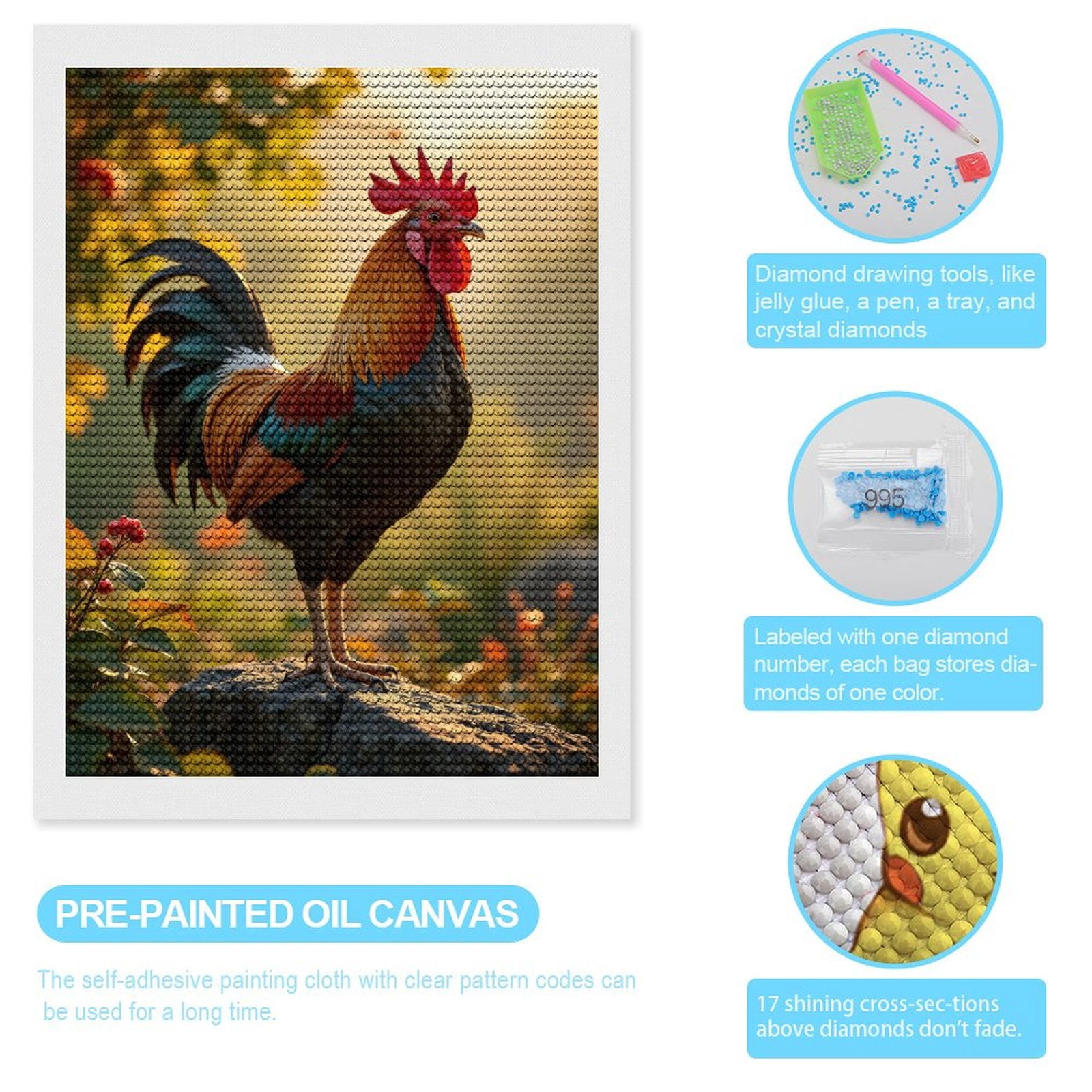 Diamond Art Kits for Adults - Rooster Morning Sunlight Rock Nature 5d Diamond Painting for Adults, Diamond Art for Adults Beginners, Frameless Diamond Painting Kits for Adults for Home Wall Decor