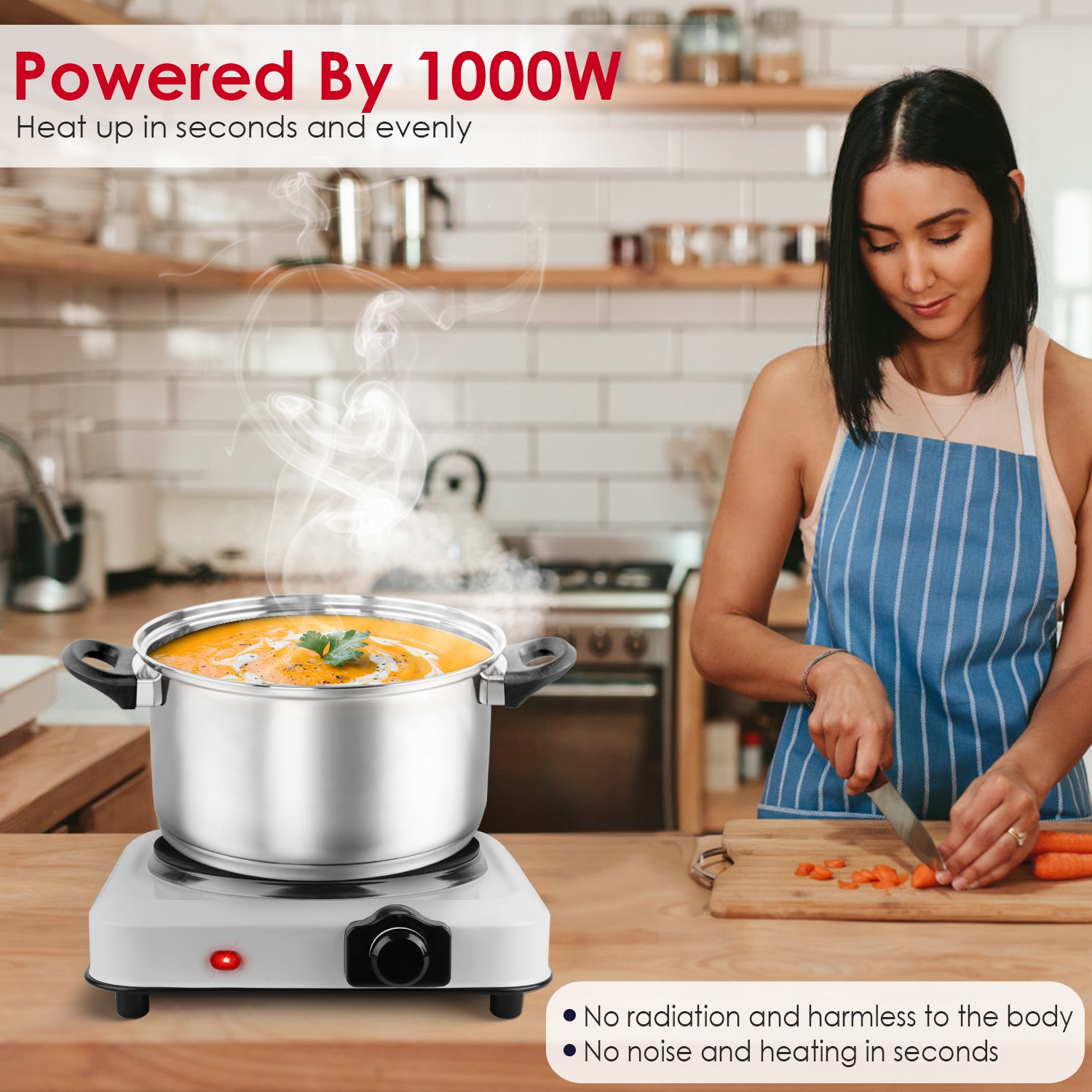 Moclever 1000W Electric Hot Plate, Electric Infrared Single Burner Portable Countertop Burner with 7.5” Glass Cooktop Stepless, White