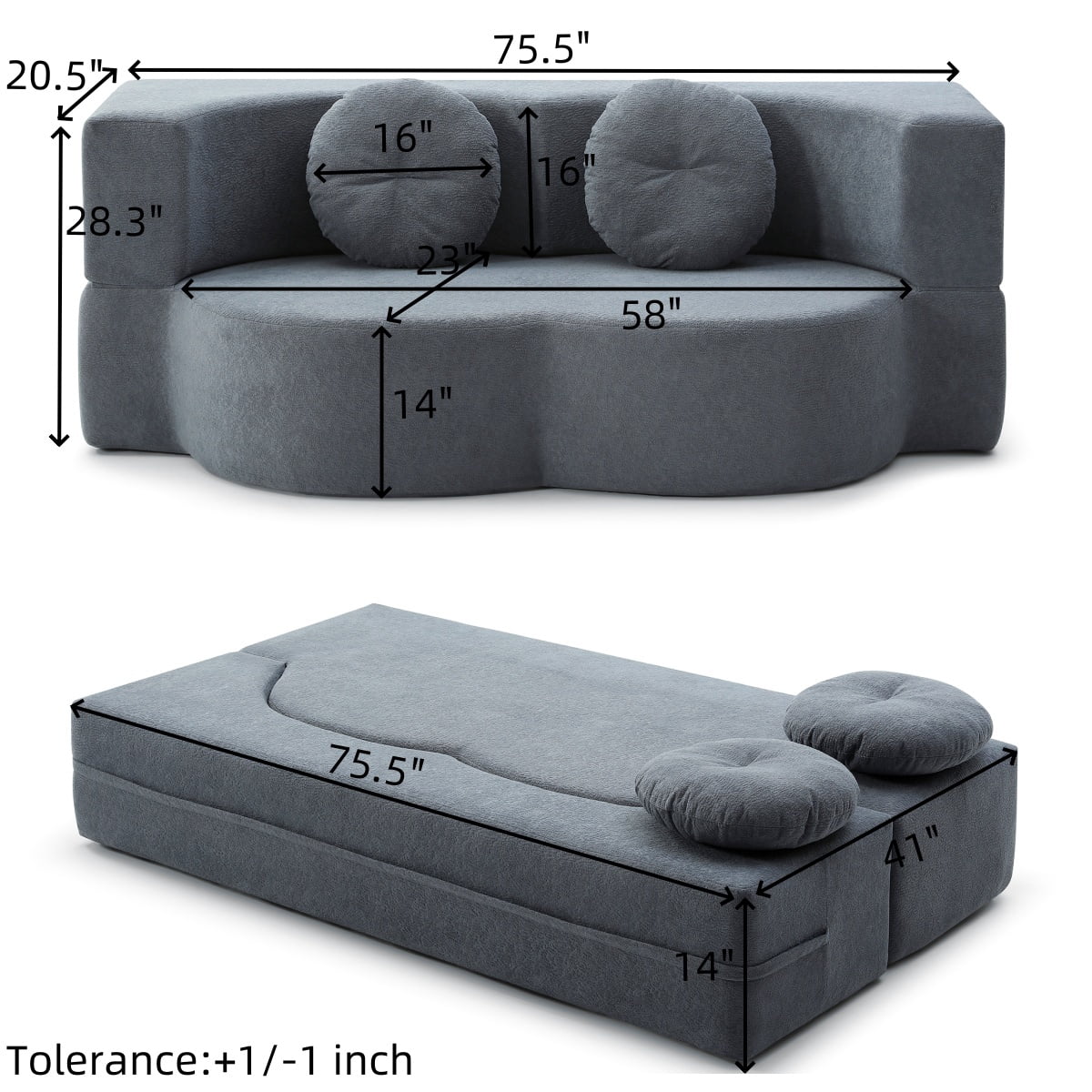 Leumius 2-in-1 Folding Sofa Bed with Pillow,Twin Sleeper Sofa,Floor & Futon Loveseat Couch,Foam Folding Mattress Sleeper for Living Room,Office,Apartment,Grey