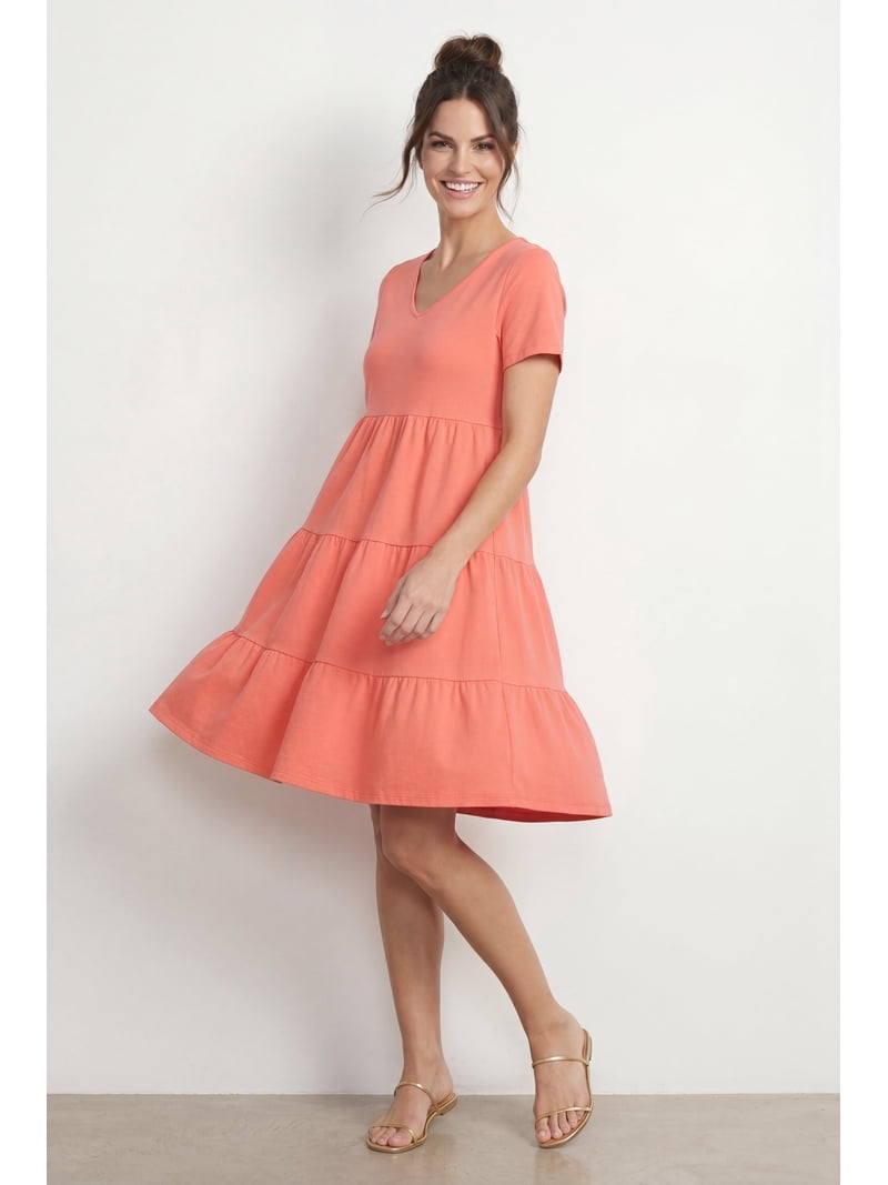 plus size coral formal dress Women's Cotton Spandex V-Neck Short Sleeve Tiered A-Line by ellos in Sweet (Size 14/16) MSSS25