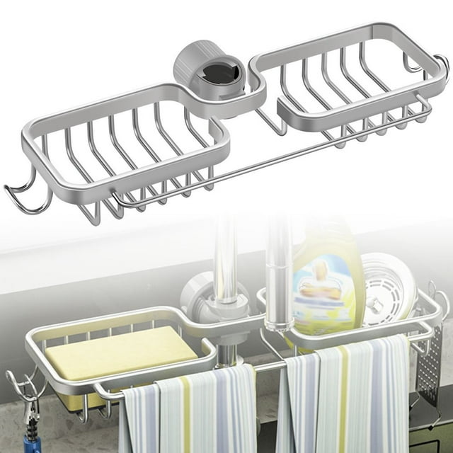 Faucet Sponge Holder for Kitchen Sink Detachable Metal Faucet Storage Rack with Hooks for Kitchen Bathroom