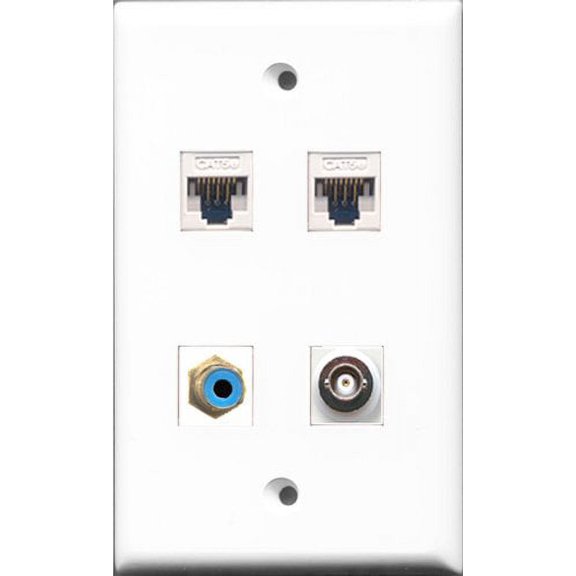 RiteAV - 1 Port RCA Blue and 1 Port BNC 2 Port Cat5e Ethernet White Wall Plate
